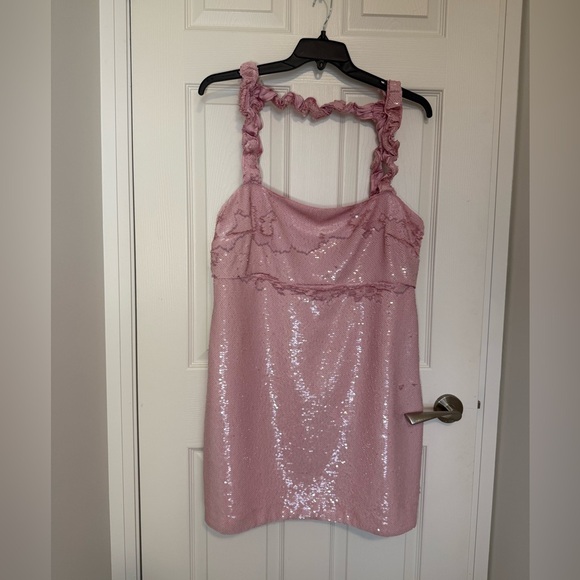 GANNI NWT pink mini party sequins dress with ruffle straps- size EU 46- US 14/16 - Picture 8 of 16